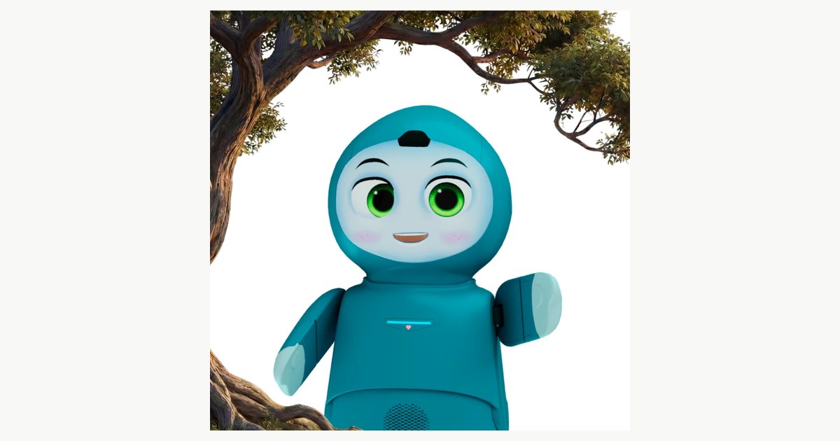 Render promocional de Moxie, robot azul con cara expresiva y brazos, publicado por Moxie Robots.
