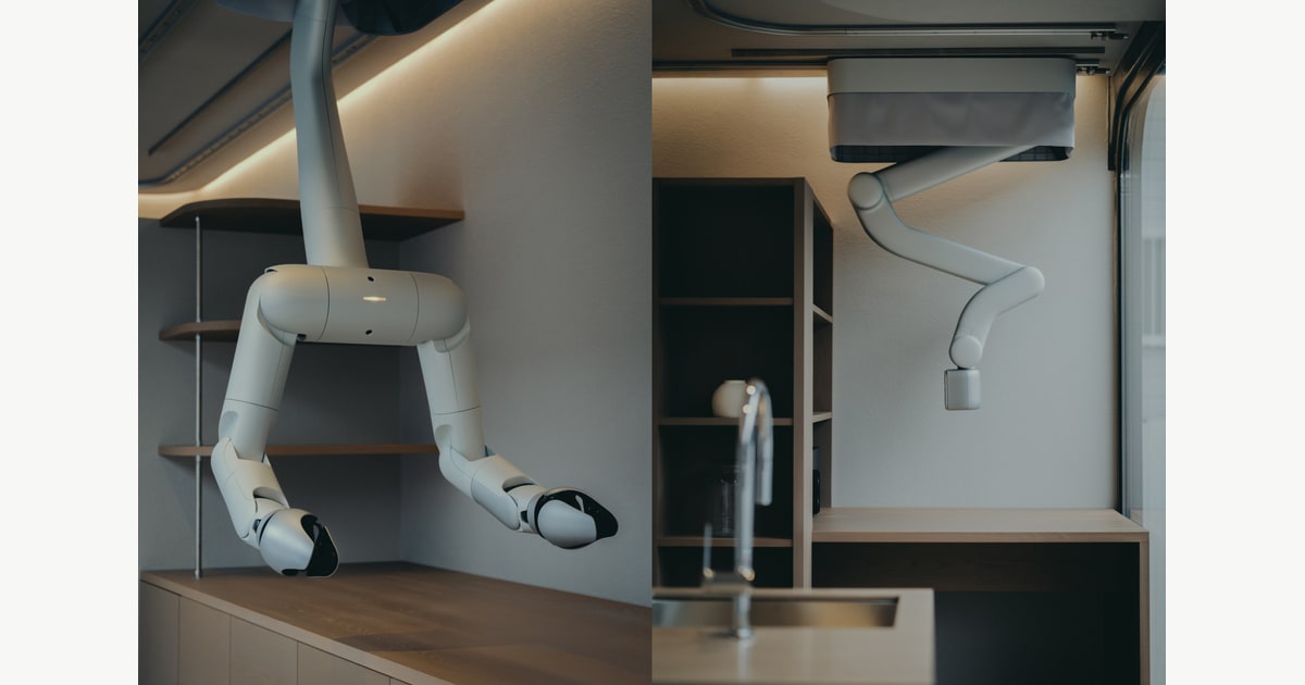 Render oficial de MW bot con brazos robóticos integrados en el techo de una vivienda