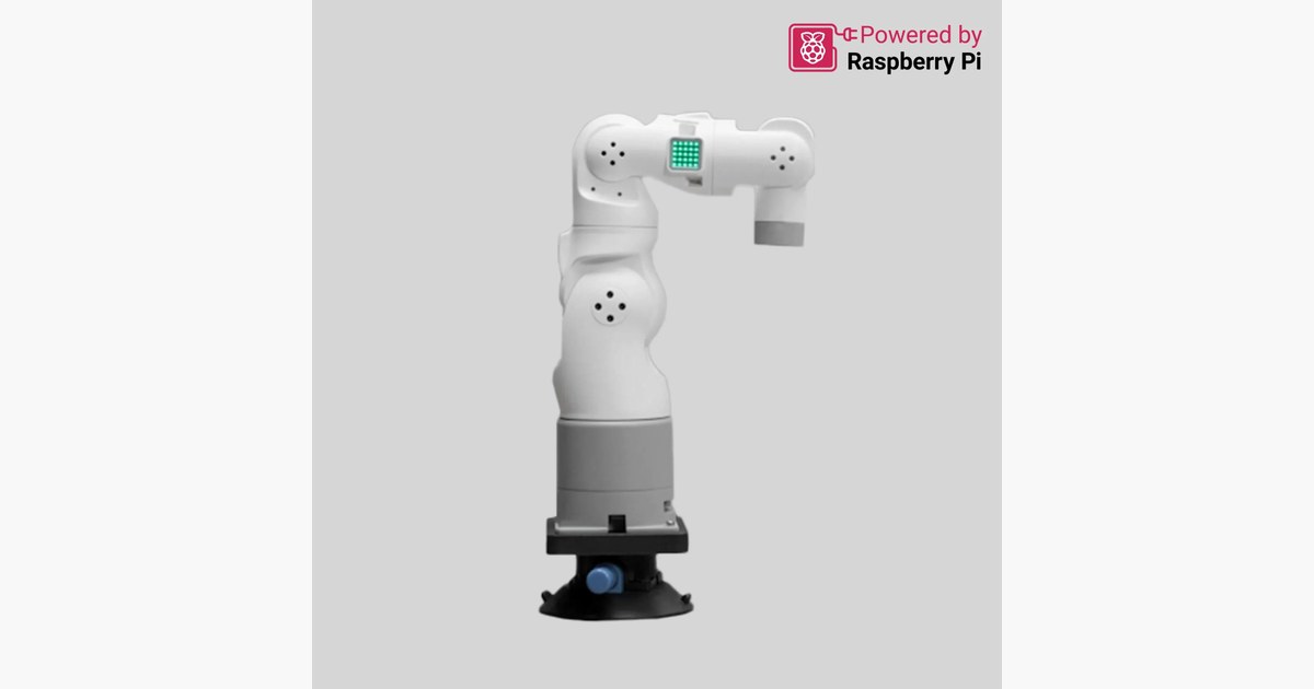Imagen oficial del myArm 300 Pi blanco con siete ejes, sobre su base negra de sobremesa.
