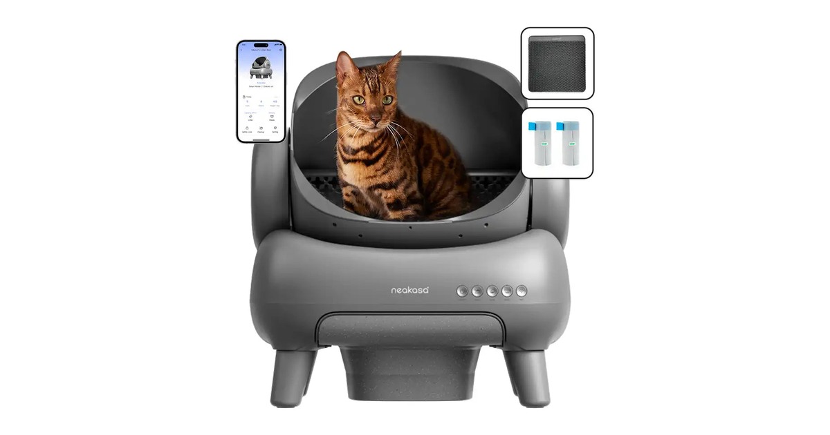 Neakasa M1 Plus abierto con un gato dentro y detalles de la aplicación.