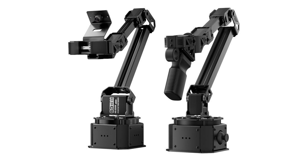 Dos brazos robóticos NexArm de metal, líder y seguidor, con pinzas