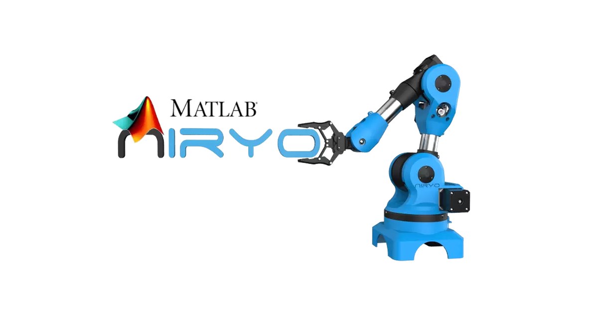 Niryo One de cuerpo entero junto a los logotipos de Niryo y MATLAB.