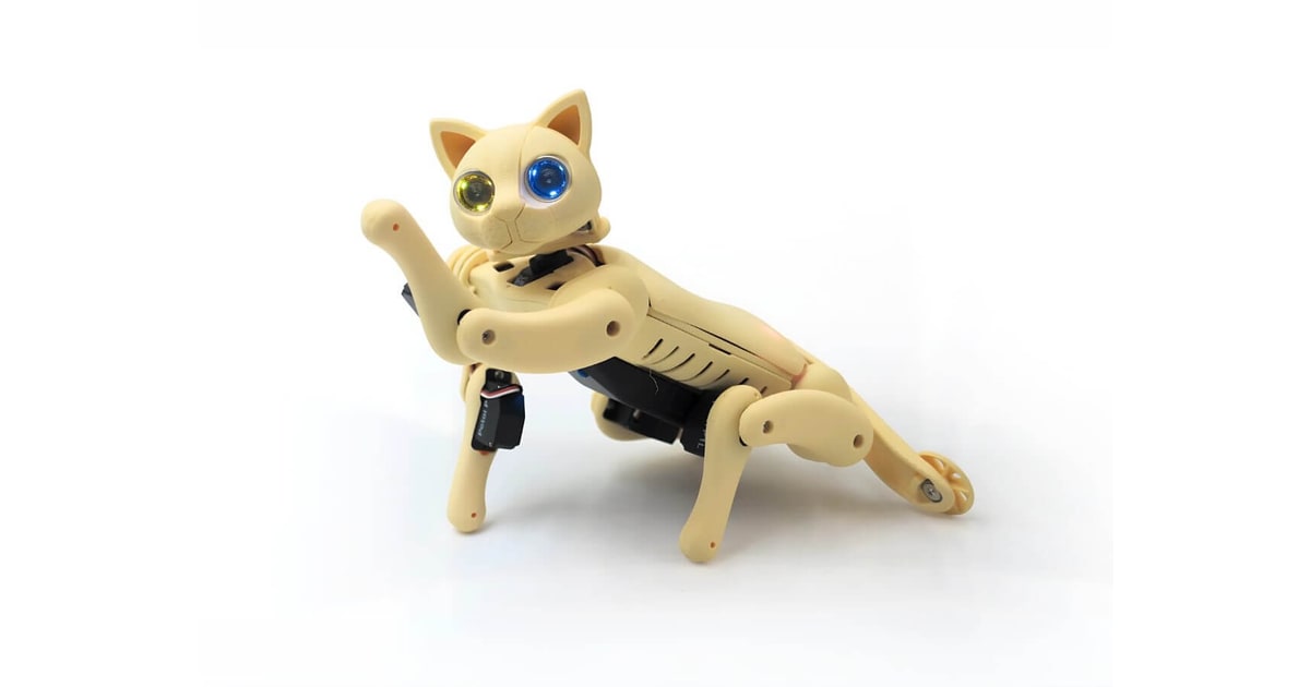Gato robótico Nybble Q de Petoi en acabado claro y postura de saludo.