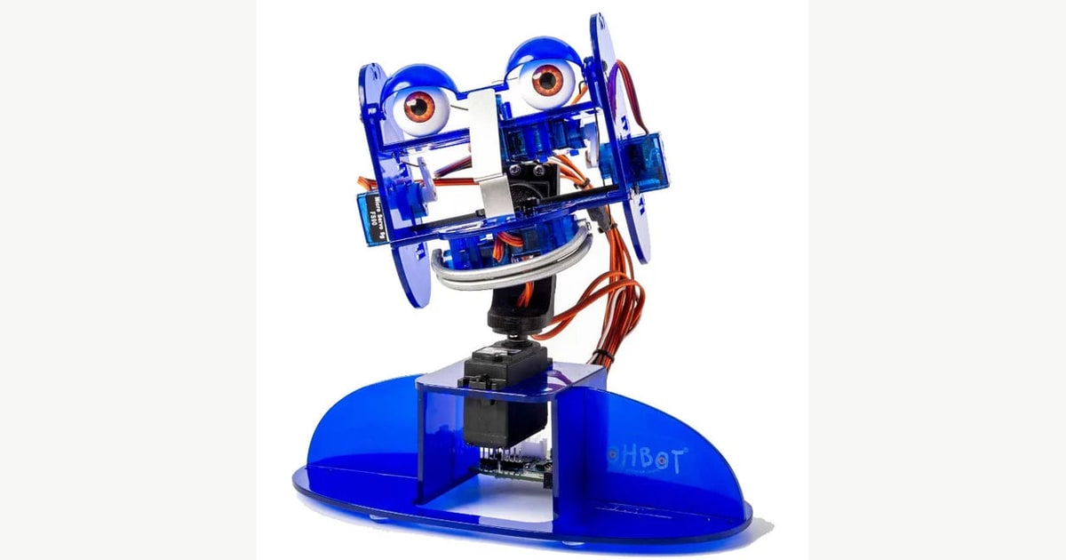 Cabeza azul de Ohbot 2.2 con sus mecanismos de ojos, párpados y boca
