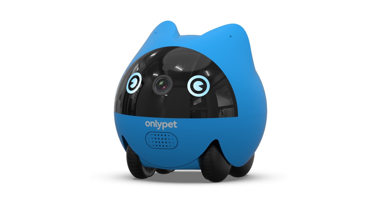 Render oficial de OnlyPet Buddy completo, con carcasa azul, cámara frontal y ruedas, sobre fondo blanco.