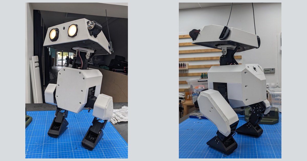 Dos fotografías oficiales de Open Duck Mini v2, de frente y de lado, con carcasa blanca impresa en 3D y articulaciones negras sobre una mesa de taller.