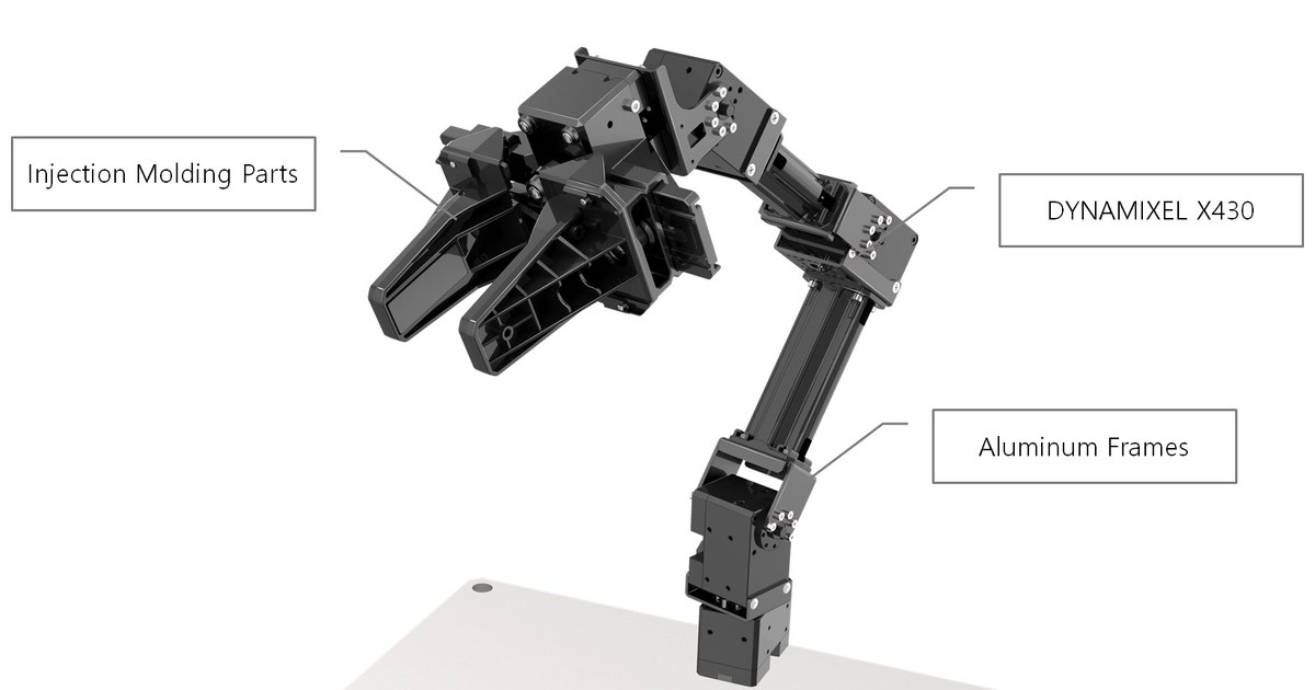 Representación oficial de OpenMANIPULATOR-X, con brazo negro, pinza y etiquetas de sus componentes.