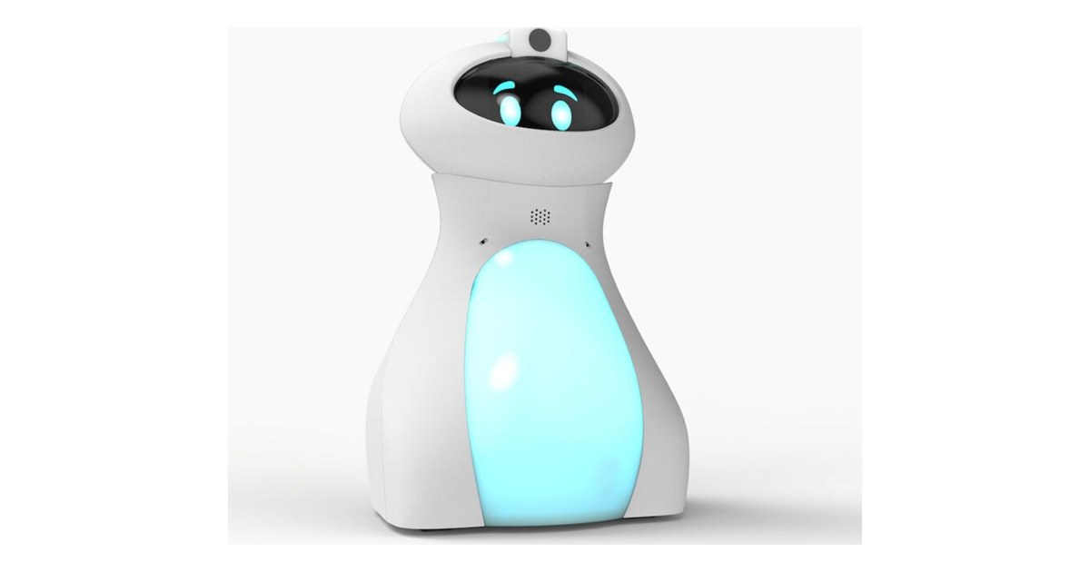 Oti-Bot blanco con rostro oscuro, ojos luminosos, cámara en la cabeza y vientre iluminado en azul
