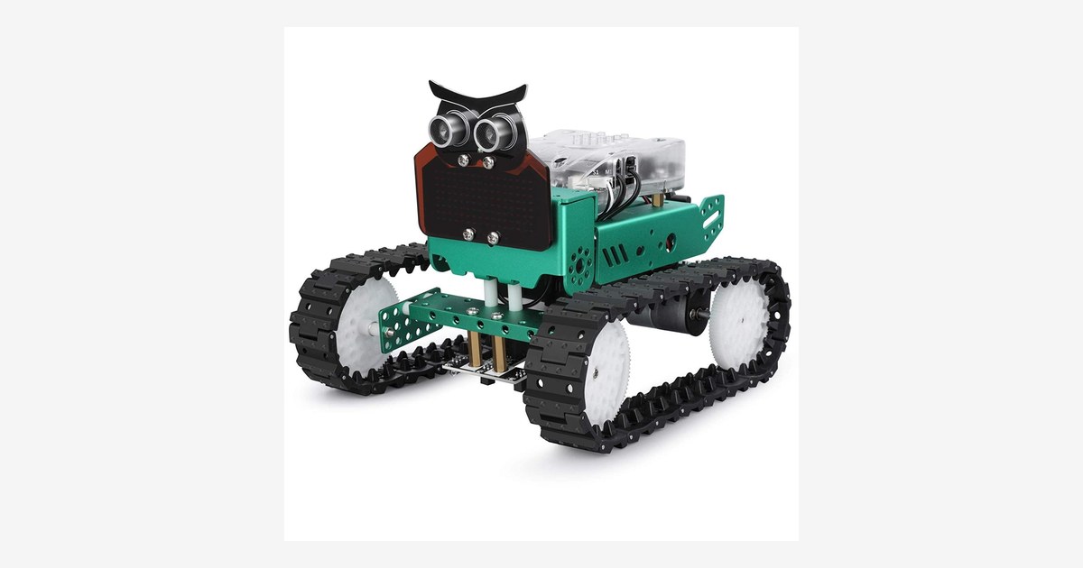 Fotografía oficial del OwlBot Tank verde de ELEGOO con orugas y sensor frontal.