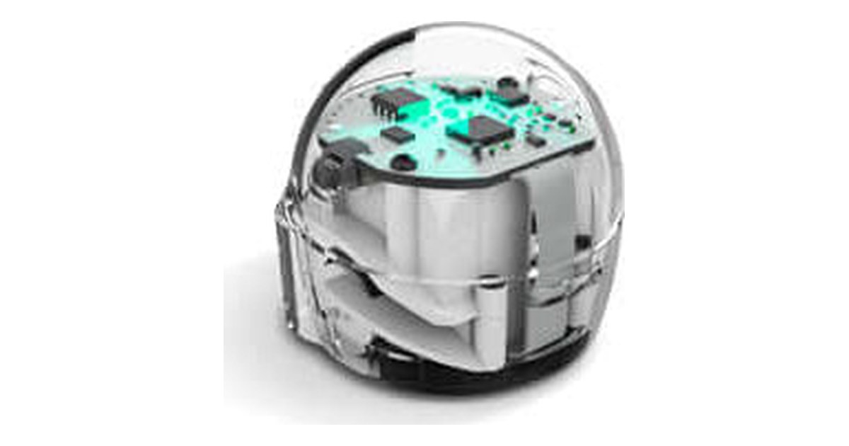 Robot Ozobot Bit+ transparente visto de cerca sobre fondo claro