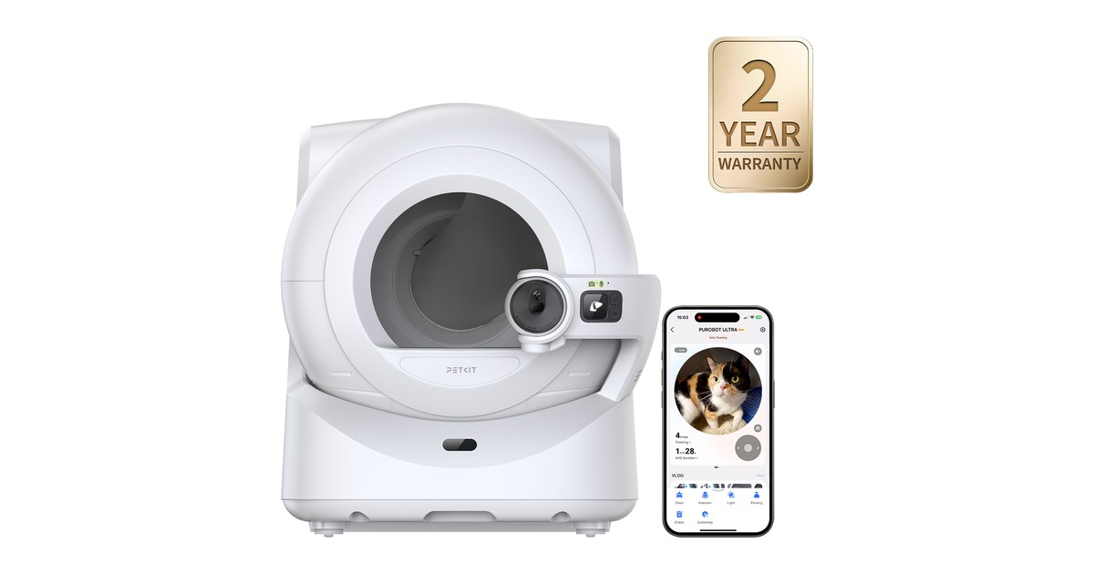 PETKIT Purobot Ultra blanco con cámara frontal y pantalla de la aplicación.