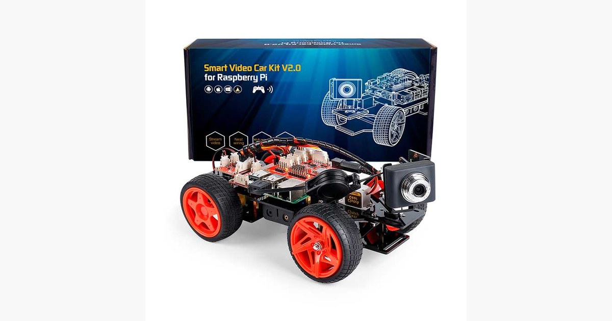 Imagen oficial del SunFounder PiCar-V con cámara USB y caja del kit.