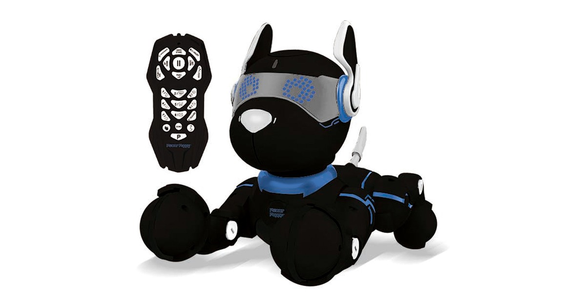 Power Puppy negro y azul con cuatro patas y mando a distancia.