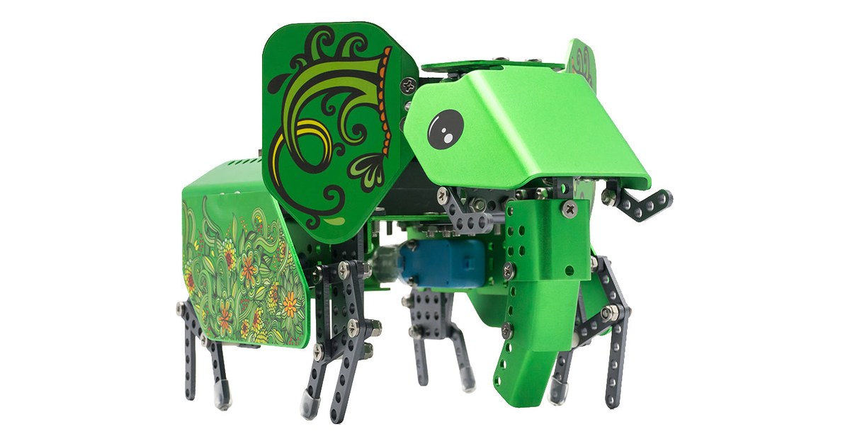 Q-Elephant verde de Robobloq construido con piezas metálicas, trompa y patas articuladas