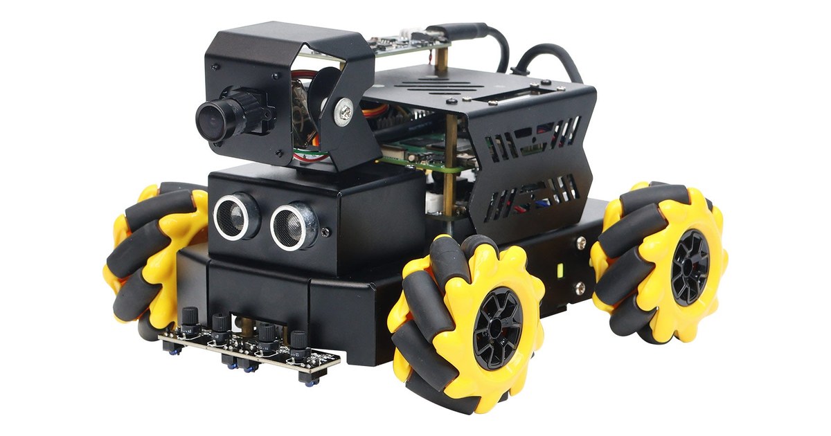Raspbot V2 negro con ruedas Mecanum amarillas, cámara sobre soporte de dos ejes y sensor ultrasónico
