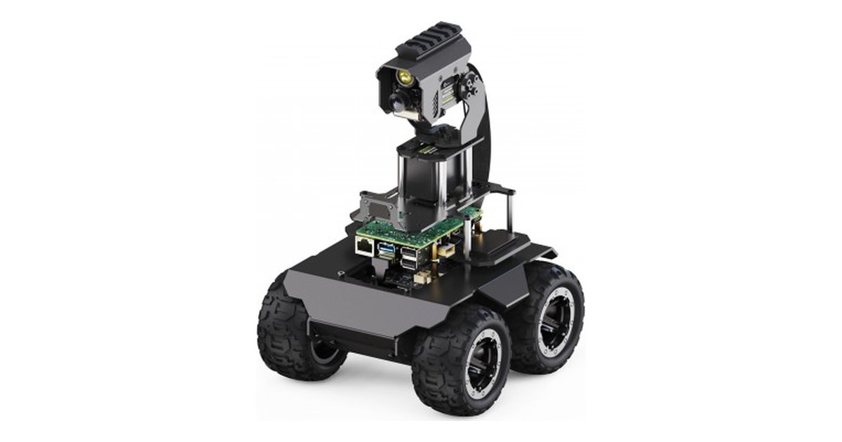 RaspRover metálico de cuatro ruedas con cámara sobre soporte