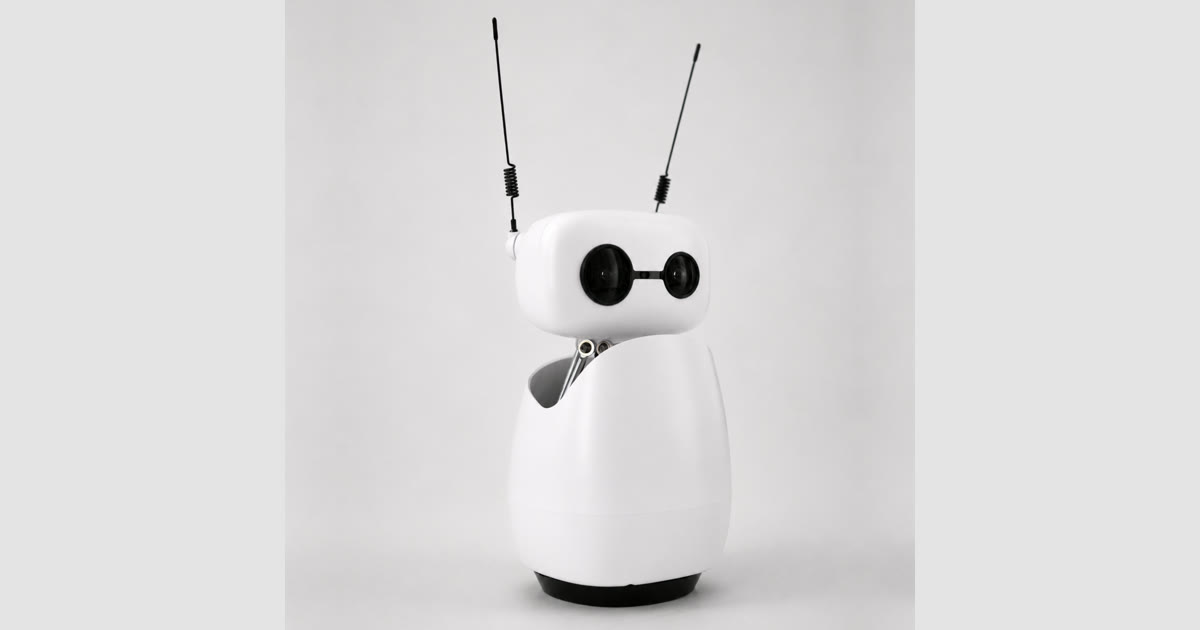 Fotografía oficial de Reachy Mini Wireless blanco, con las dos antenas levantadas y el mecanismo del cuello visible, sobre fondo claro.