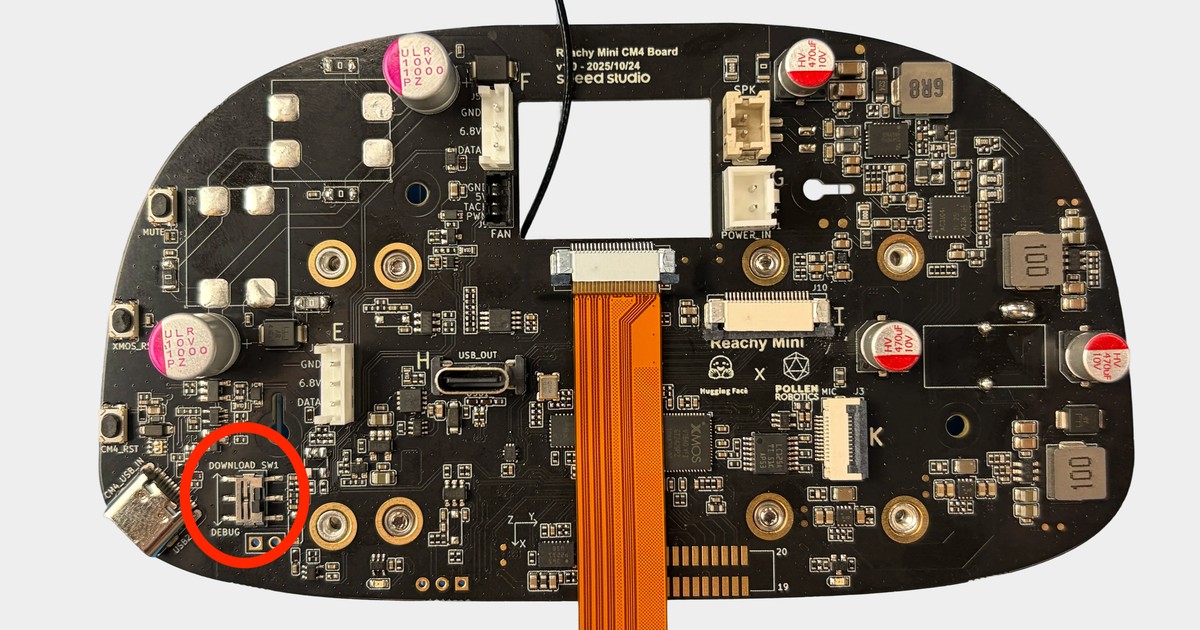 Fotografía técnica oficial de la placa de Reachy Mini Wireless, con el interruptor SW1 rodeado en rojo y el conector USB2 a su izquierda.
