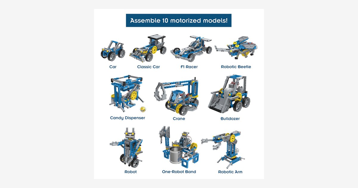 Imagen oficial de las diez configuraciones del kit Remote-Control Robotics de Thames & Kosmos.