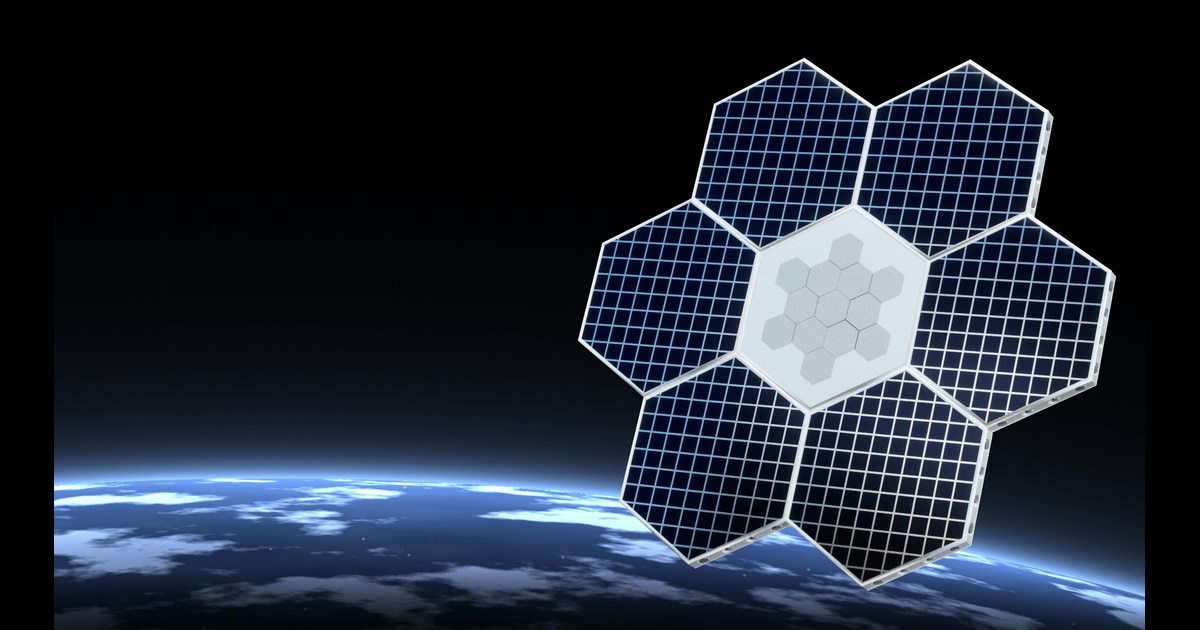 Render conceptual oficial de Rendezvous Robotics: siete módulos hexagonales unidos, seis con paneles solares alrededor de uno central, sobre la Tierra.