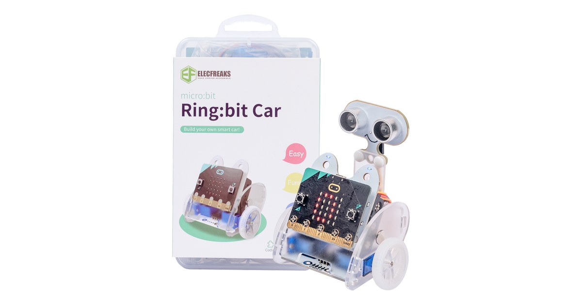Ring:bit Car V2 de Elecfreaks con estructura blanca, ruedas negras, micro:bit y sensor ultrasónico en un montaje junto a su caja