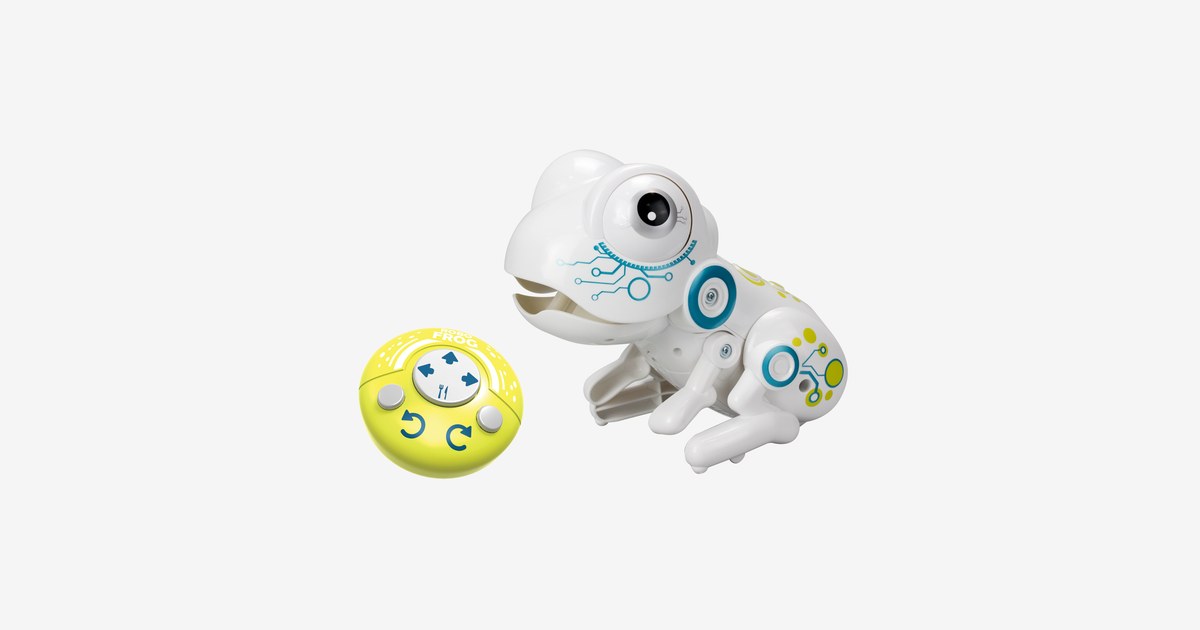 Imagen oficial de la rana Silverlit Robo Frog blanca y su mando amarillo.
