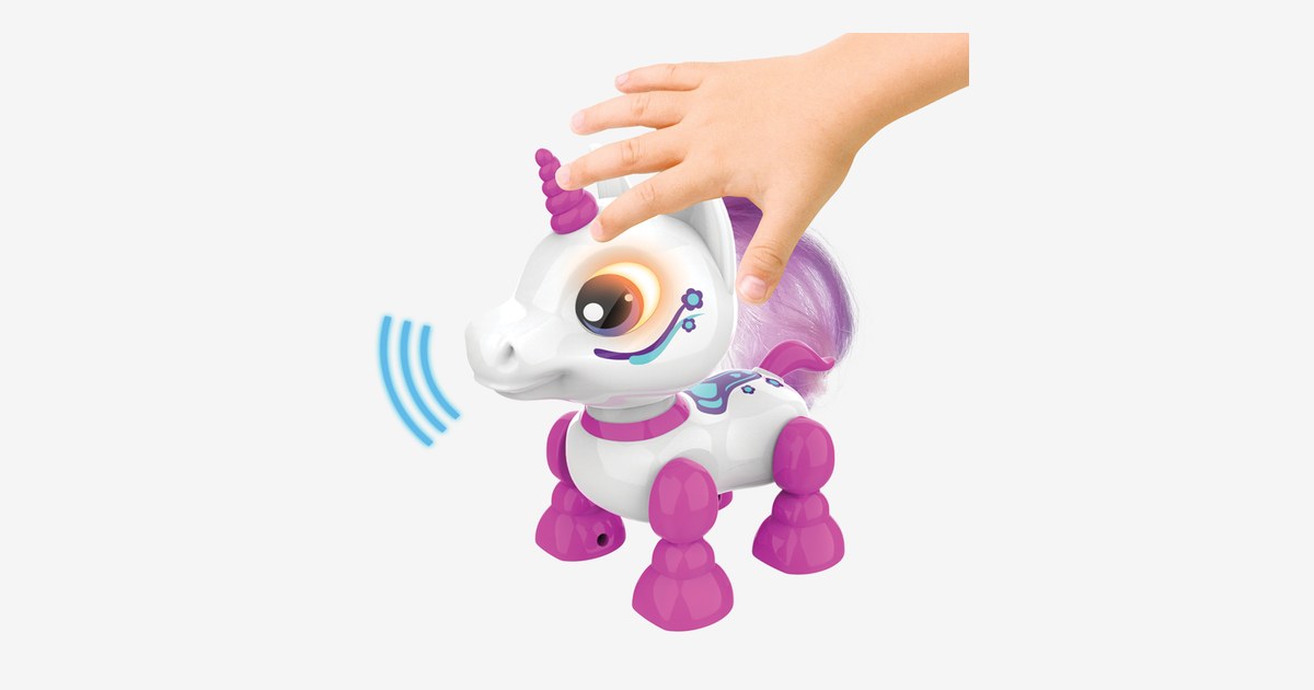 Imagen oficial de Robo Heads Up Unicorn rosa y blanco, con una mano sobre su cabeza.