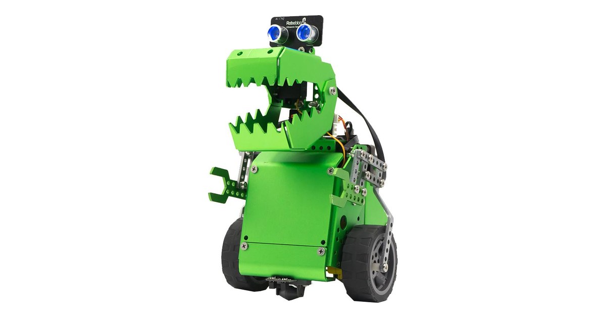 Q-Dino verde de Robobloq con forma de dinosaurio, dos ruedas y sensor ultrasónico sobre la cabeza