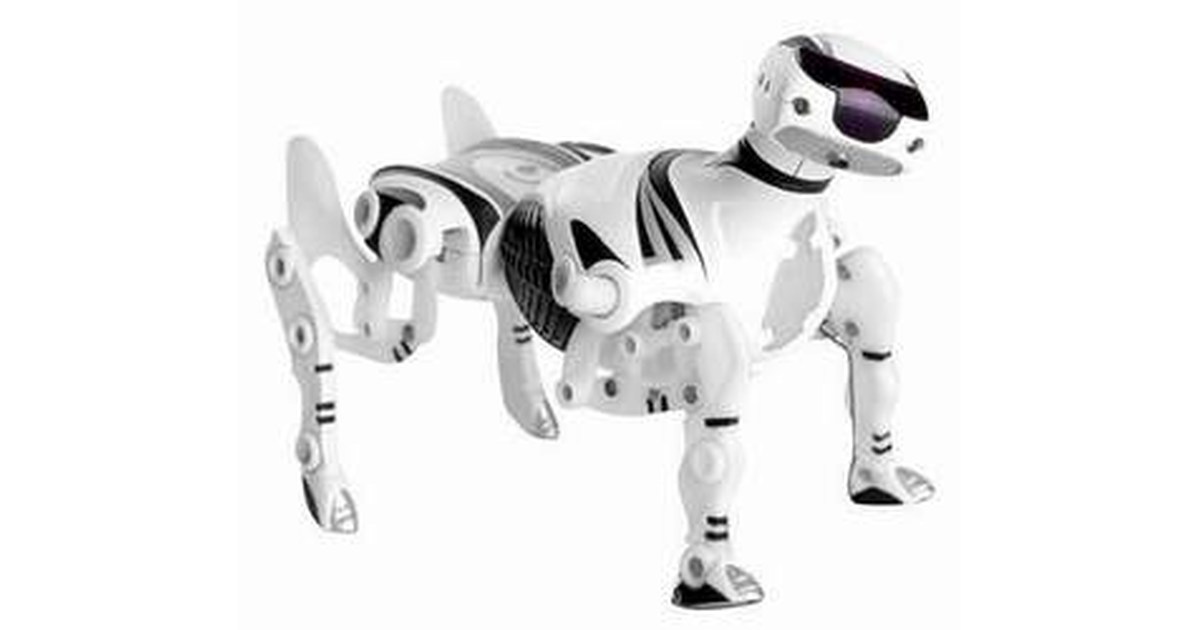 Robopet blanco completo de perfil, con sus cuatro patas articuladas visibles sobre fondo blanco.
