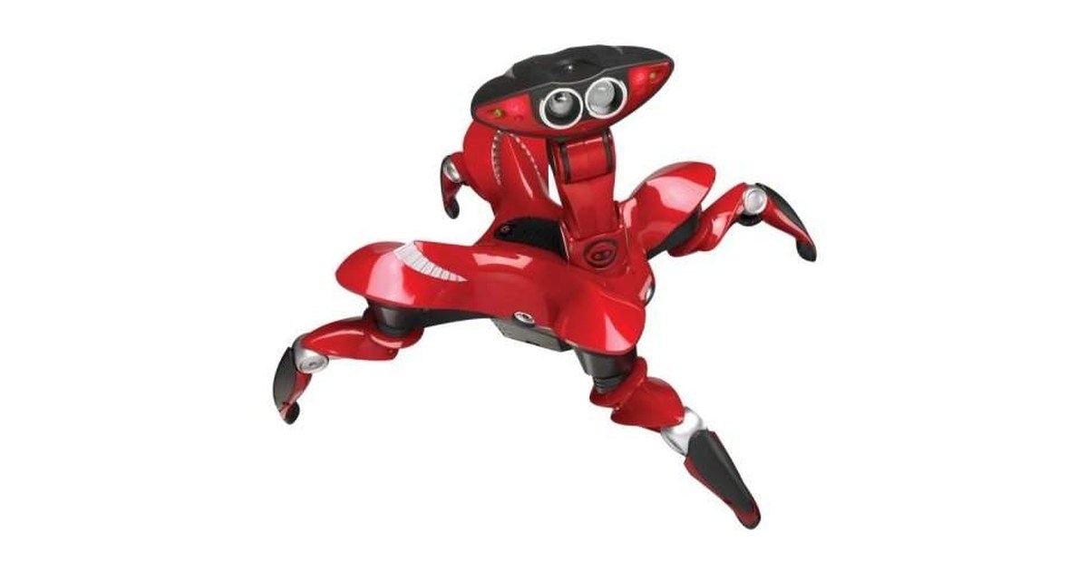 Roboquad rojo completo, con sus cuatro patas y la cabeza de sensores visibles sobre fondo blanco.