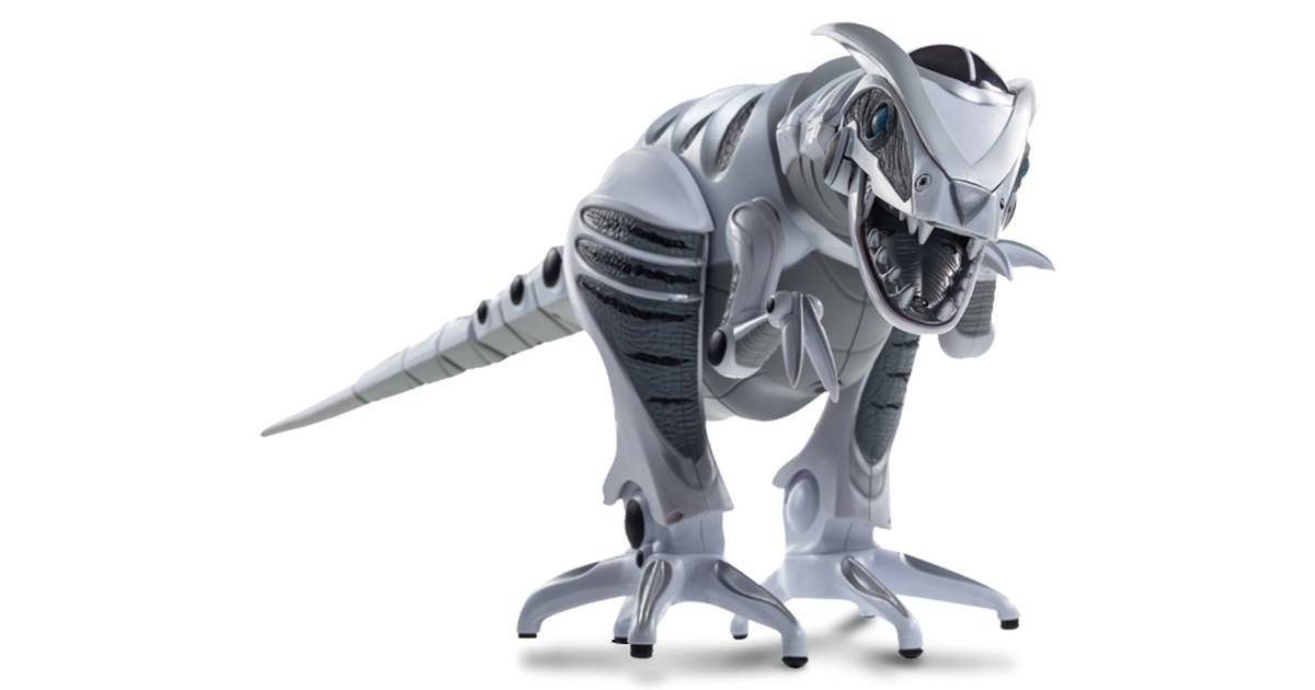 Roboraptor X, dinosaurio robótico gris con cola larga y dos patas mecánicas.