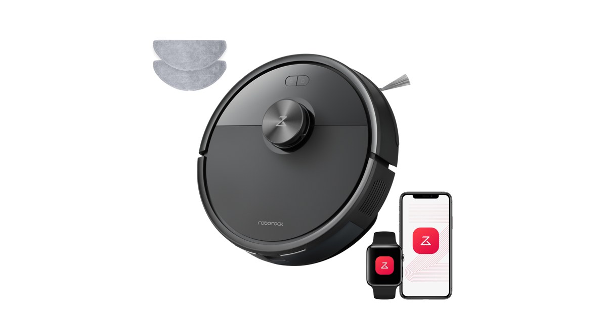 Imagen oficial de un Roborock Q7 de la familia L5 y M5 con accesorios y pantallas de control.