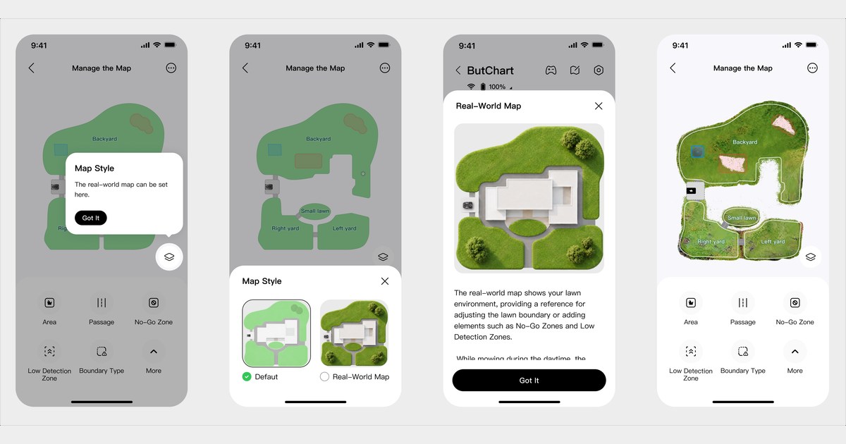 Capturas oficiales de la aplicación Roborock que muestran el cambio de un mapa esquemático a una representación del jardín en RockMow Z1 y X1 LiDAR.