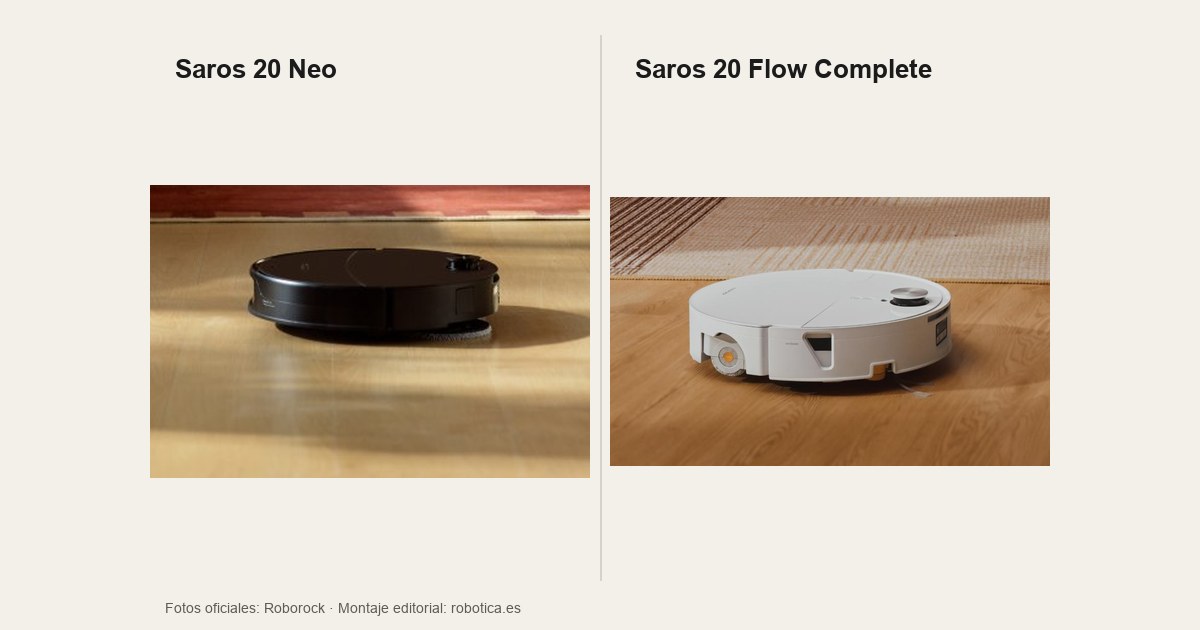 Montaje editorial de dos fotografías promocionales oficiales de Roborock: Saros 20 Neo negro a la izquierda y Saros 20 Flow Complete blanco a la derecha, sobre suelos de madera.