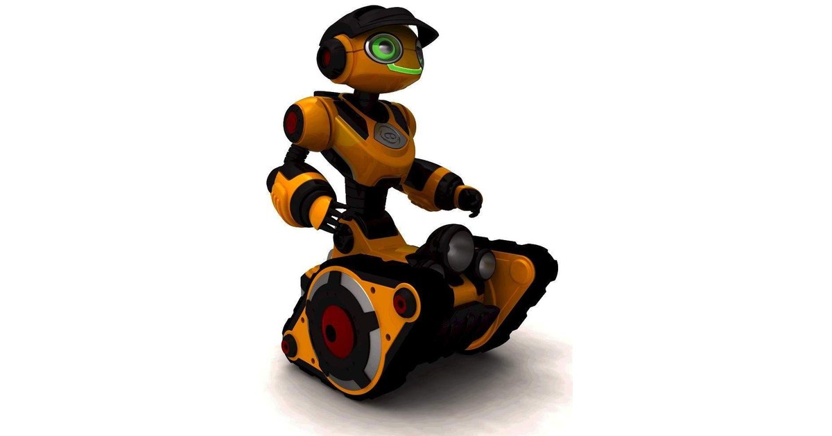 Roborover amarillo y negro completo sobre sus orugas, con cabeza y brazos visibles.