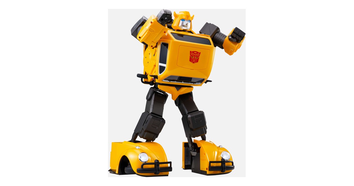 Robosen Bumblebee Flagship amarillo en forma de robot sobre fondo blanco