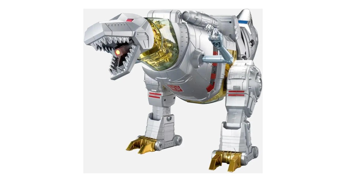 Grimlock Flagship de Robosen en forma de dinosaurio plateado con patas doradas