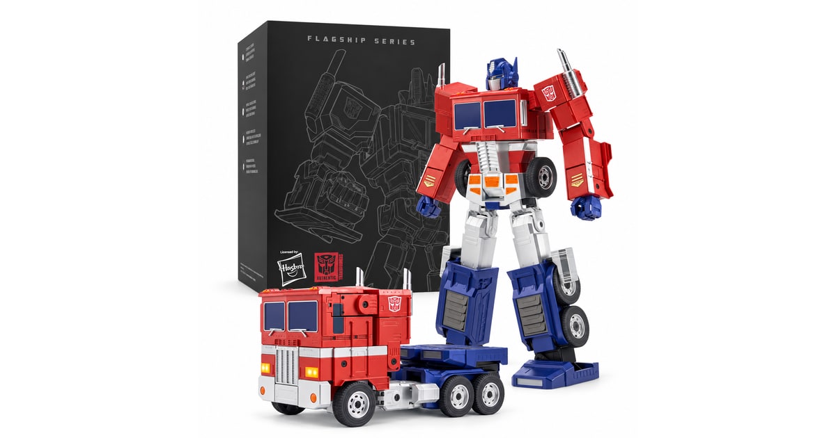 Robosen Flagship Optimus Prime 2026 junto a su caja.