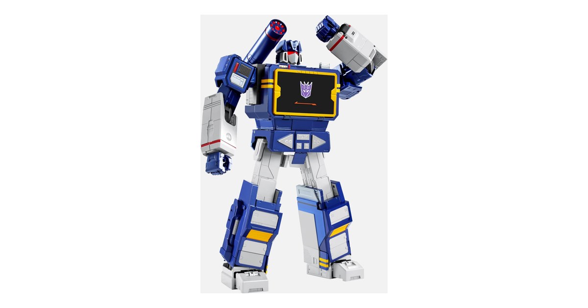 Soundwave Flagship de Robosen azul y blanco, erguido con los brazos levantados y el emblema Decepticon en el pecho