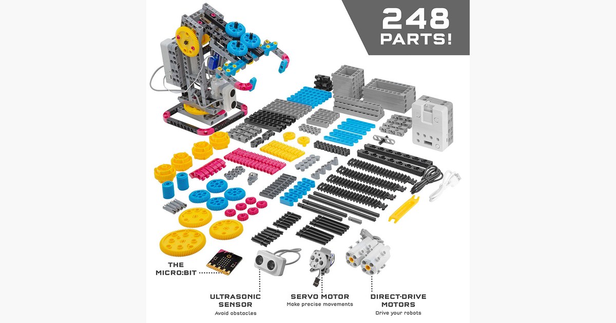 Imagen oficial del kit Robotics Workshop con micro:bit y un montaje de ejemplo.