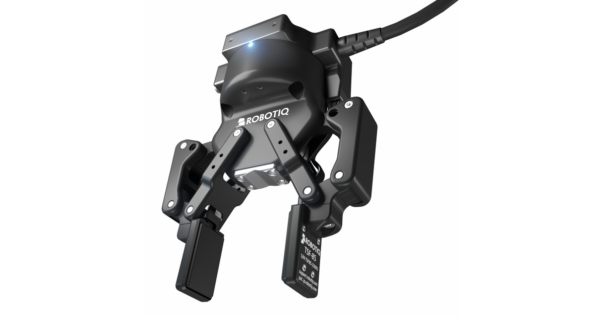 Render oficial de la pinza Robotiq 2FC abierta, con sensores táctiles TSF en las dos puntas y cable de conexión superior.