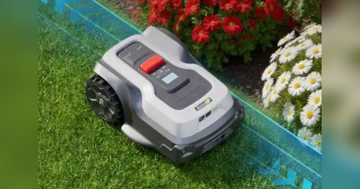 Imagen oficial de RoboUP T1200 Pro completo junto a un borde de césped, recortada de una ilustración del fabricante.