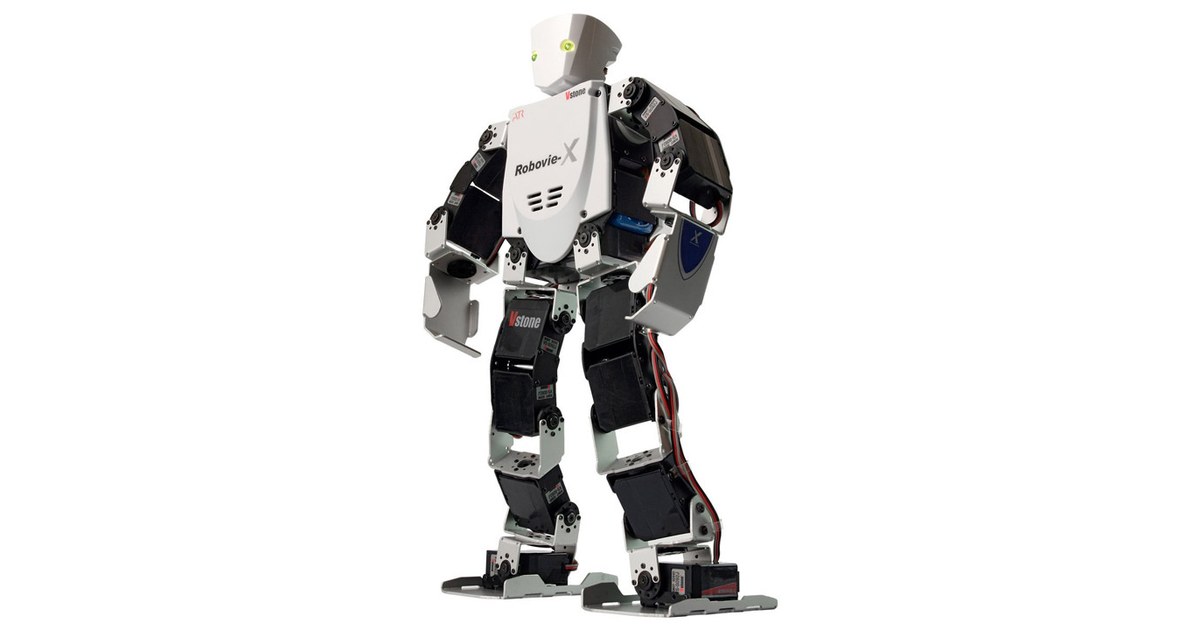 Robovie-X de Vstone de cuerpo entero, con estructura negra y carcasa blanca.
