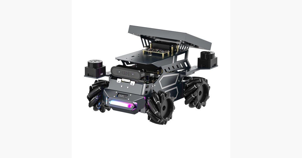 Imagen oficial del ROSMASTER M3 con chasis Mecanum y estructura suspendida.