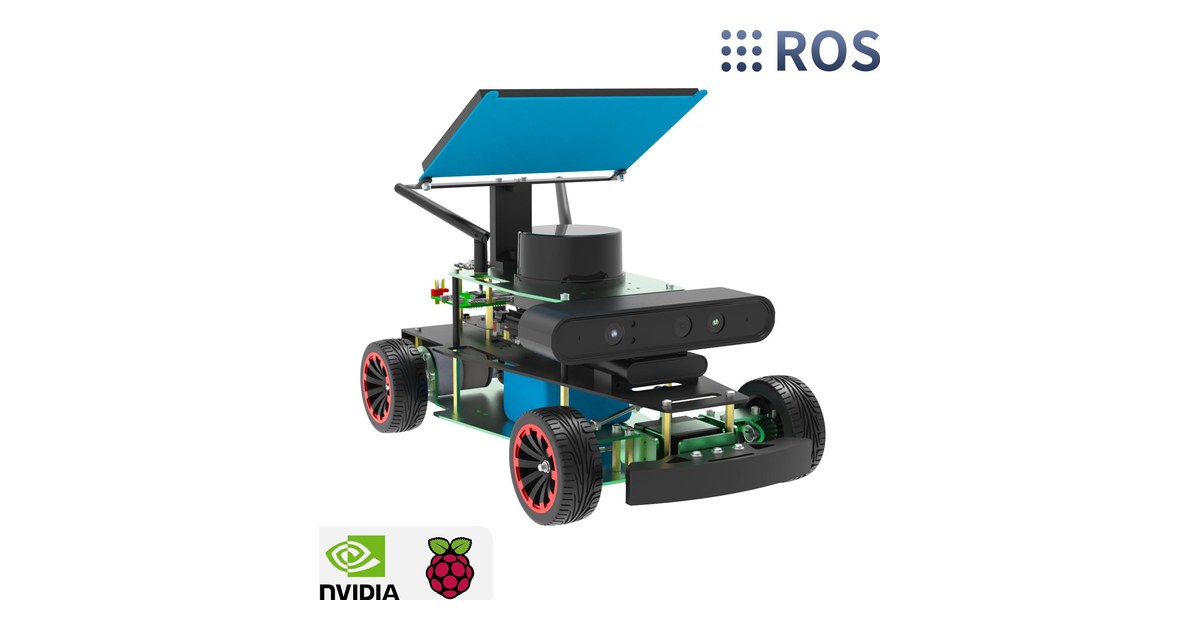 ROSMASTER R2 con cuatro ruedas de goma, cámara y lidar sobre un chasis de Yahboom