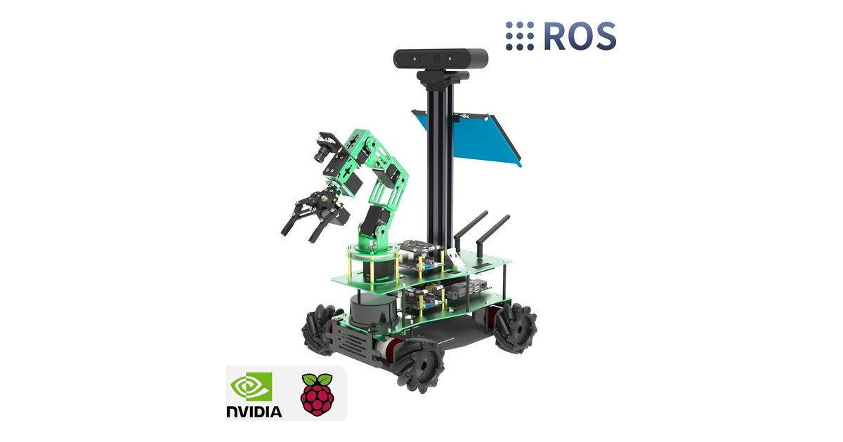 ROSMASTER X3 PLUS con brazo articulado, cámara, lidar y ruedas Mecanum en un montaje de Yahboom
