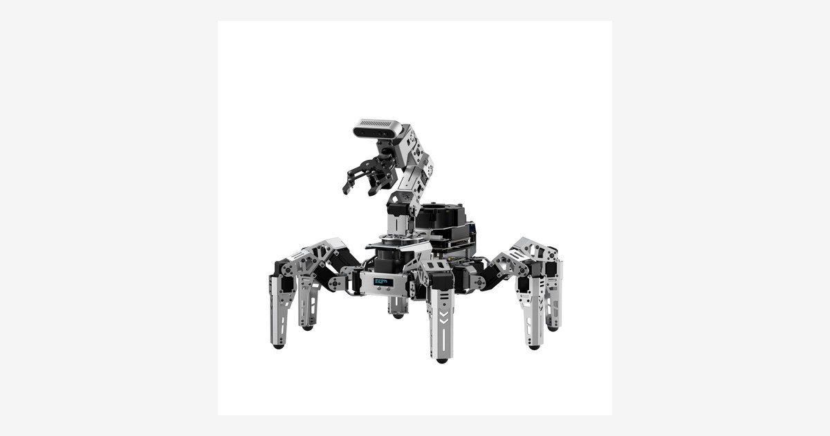 Render oficial del hexápodo ROSpider gris con seis patas y un brazo superior.