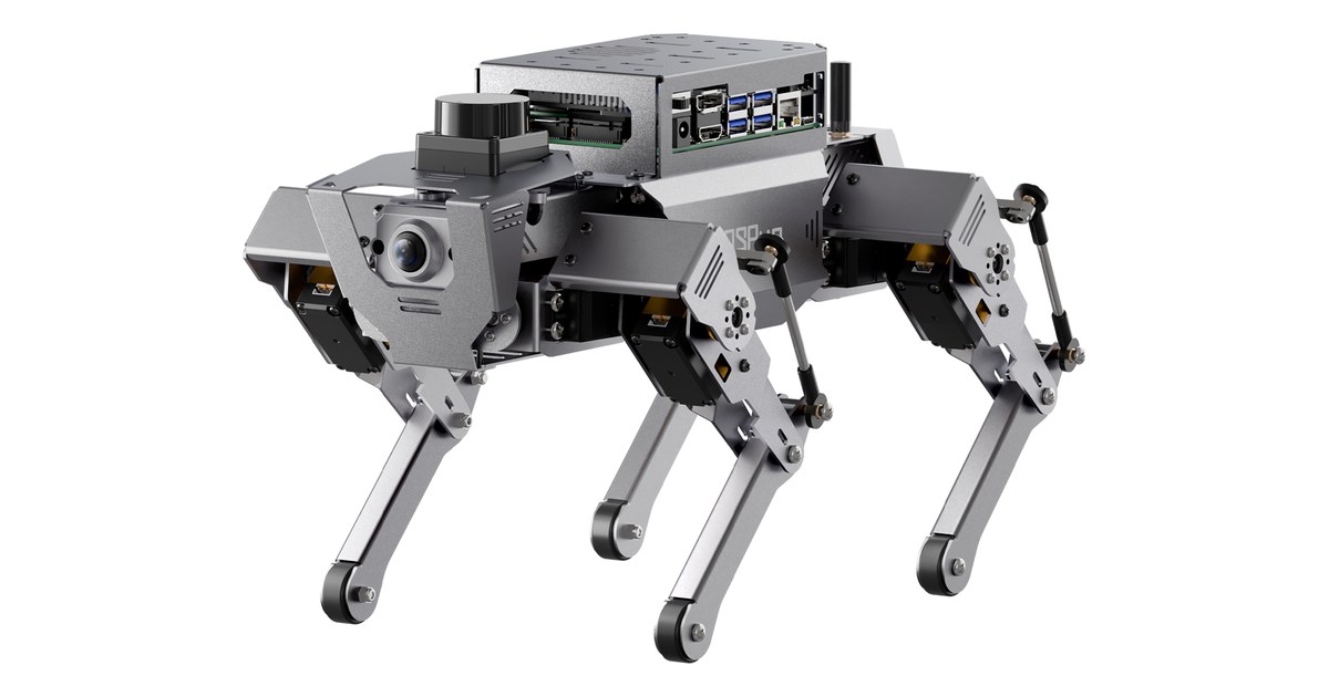 ROSPug gris y negro con cuatro patas articuladas, cámara frontal y lidar sobre el cuerpo