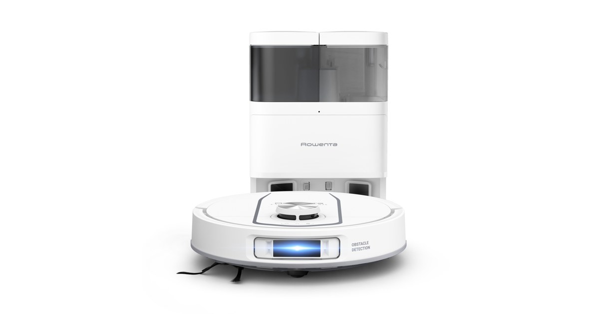 Render oficial de Rowenta X-Plorer Serie 580 Max completo junto a su estación.