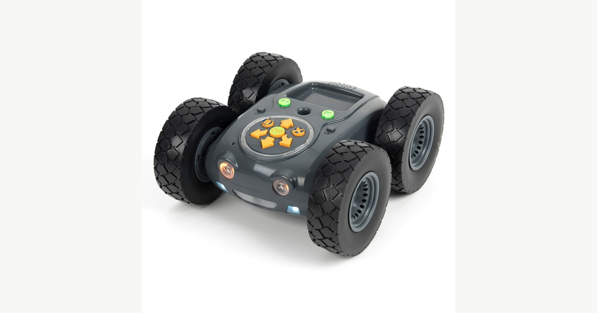 Rugged Robot de TTS gris con cuatro ruedas y botones de programación en la parte superior